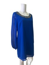 Lipsy Chiffon Shift Dress Size 12 Womens EU 40 Vintage Blue Beaded Neck Short