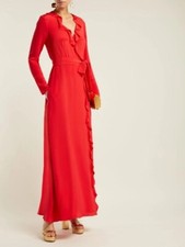 GOAT Hollywood Ruffle-Trimmed 100% Silk Red Maxi Dress Size UK 12 US 8