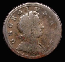 Halfpenny 1721 1 over 0 VG or