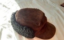 Mens Lambskin Leather Fur Hat Brown size large