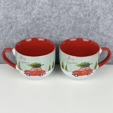 Merry Christmas Festive Stoneware Mugs x 2 Red Car Bringing Home The Tree