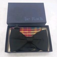 Tie Rack Black 100% Silk Bow Tie Clip On with Box and Tartan Plaid Fabric