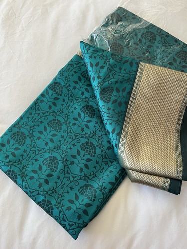 Teal green gold sari saree - teal,