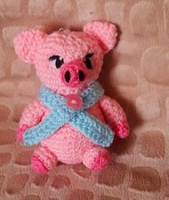 Handmade Crochet Pink Pig In Scarf Keyring Bag Charm New Acrylic DK Yarn