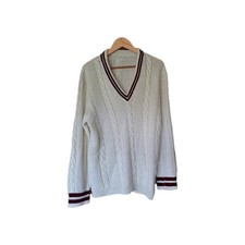 Vintage Cream Cable Knit Cricket Jumper V Neck with Red line detail large