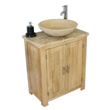 Solid Oak Bathroom Vanity Unit | Bathroom Slimline Cabinet Travertine Worktop
