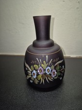 Stunning Floral Hand Painted Frosted Satin Plum Coloured Hand Blown Glass Vase