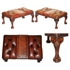 PAIR OF RESTORED CLAW & BALL VINTAGE HAND DYED LEATHER CHESTERFIELD FOOTSTOOLS