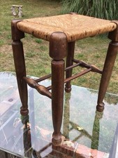 VINTAGE TALL OAK STOOL WITH RUSH SEAT & NICELY TURNED LEGS ON BALL FEET