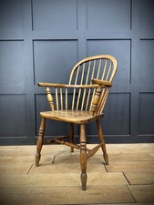 Antique Elm Windsor Armchair Bow Back Smokers Chair Farmhouse Occasional Chair