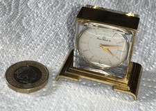 Miniature Home Watch Co Swiss Gold Tone Brass & Glass Mechanical Carriage Clock