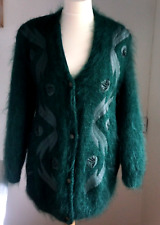 80s Vintage Mohair Green Long Cardigan Appliqué Lined Shoulder Pads UK 14/12