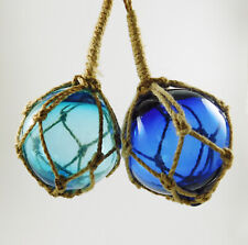 Glass Float Sea Fishing Buoy 2 x 3" / 7.5cm Dia With Rope Hangers Blue&Turquoise