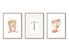 Shabby Chic Nursery Wall Art Woodland Animals Initial Set of 3 Prints Unframed