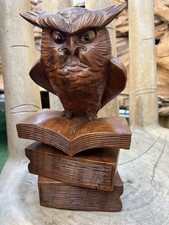 Carving Wooden Figure OWL 30 cm  On Books Dark Brown Colour Home Decoration