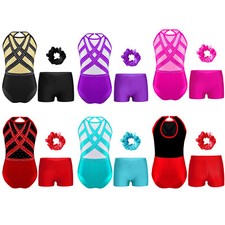Girls Gymnastics Outfit Glittery Rhinestones Leotard with Shorts Headwear Set