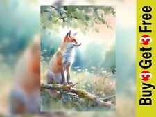 Fox on Tree Branch, 5" x 7" Watercolor Painting Matte Print - Woodland Serenity