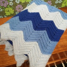 Blue Stripy Zig Zag Stripe Knitted Crochet Blanket Throw - bobbly