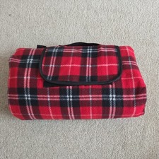 Red Tartan Fleece Picnic Blanket – Foldable & Waterproof Backing. Outdoor beach 
