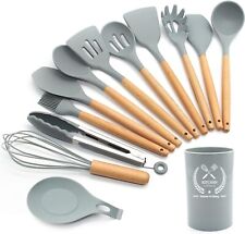 FXY Silicone Kitchen Utensils Set,13 Pcs Wooden Handles Spatula Set,Cooking Uten