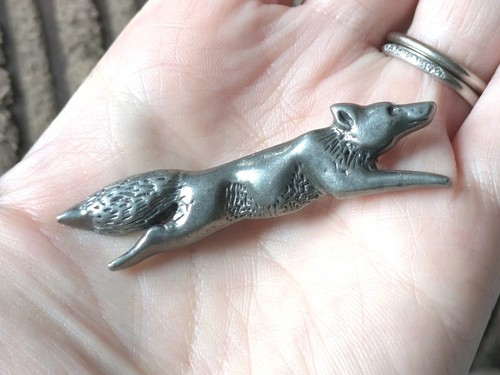 Pewter leaping fox - leaping, brooch
