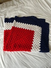 Handmade Crochet Blanket Armchair Throw White Red Blue 43 x 43 Inch Festival