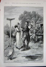 Original Old Antique Print 1891 Travelling Man Young Woman Goose Trees House