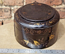 Antique Chinese Black Lacquer Coiled Elm Hand Painted Box suitable for sewing