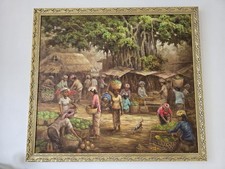 Sri Martha Large Bali Village Market Scene Oil Painting Framed Signed 95x85cm
