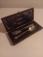 Christening Tableware Fork & Spoon Set Antique EPNS Boxed Child's Cutlery