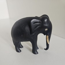 VINTAGE BLACK EBONY WOODEN ELEPHANT FIGURINE AFRICAN HAND CARVED WITH TUSKS 2.5"