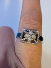Blue Stone And Seed Pearl Silver Tone Ring Size O
