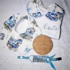 Boys Baby White Sleepsuit Bib Designer Scalloped Hospital Set Gypsy Wagon Romany