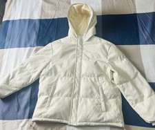 PLT Cream / Off-White Faux Leather Puffer Jacket Quilted Hooded Coat Size 16