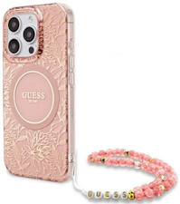 Guess IML Flowers Allover Electro Pearl Strap Case MagSafe iPhone 16 Pro Pink