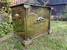 Antique Brass Arts & Crafts Art Deco Square Roman Column Coal Bucket Box + Liner