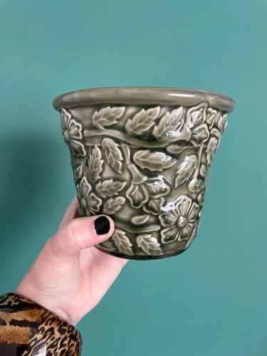 Vintage olive green plant pot