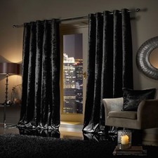 BLACK Plush Crushed Velour Faux Velvet Pencil Pleat / Eyelet Ring Top Curtains 