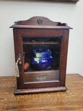 Edwardian Oak Tabletop Smokers Cabinet with Tobacco Jar, Pewter Pipe Stand & Key