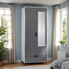 Madrid Grey and White Gloss 2 Door 1 Drawer Double Mirrored Wardrobe