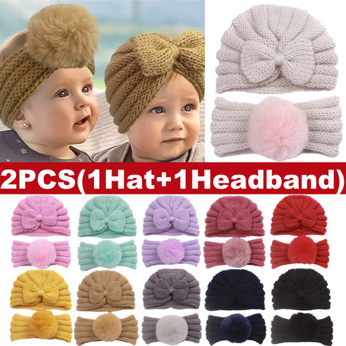 2pcs baby bow beanie - 2pcs, pom