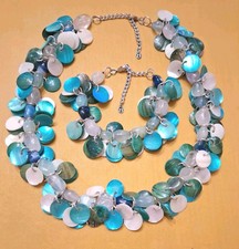 Vintage Boho Fat Face Necklace & Bracelet Set with Stones & Shell in Aqua Shades
