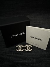 Chanel 23A Gold Metal CC White Pearl Finish Stud Earrings NEW Authentic Jewelery