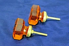 Vibrant Amber Crystal Door Knobs Brass Mounts Victorian Elegance, Pair 2 Pcs