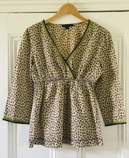 Boden Women’s Purple Green Leaves Crossover 3/4-Sleeve Tunic Blouse UK 8 EU 36