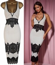 KAREN MILLEN ❤ STUNNING IVORY CREPE & BLACK LACE COCKTAIL PENCIL DRESS ❤ UK 10