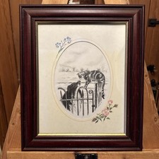 Drawing Of Dog And Cat By S Bowler, Framed 