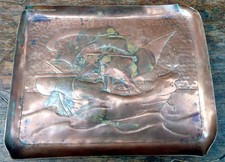 Antique Newlyn copper Arts & Crafts card tray kettle stand signed H Simons boat