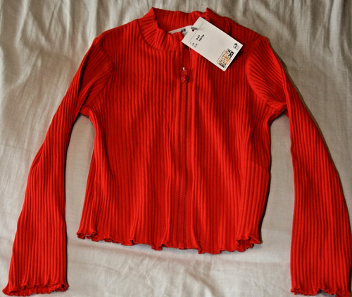 Girls red ribbed zip up - girls,