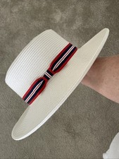 New White Straw Hat Red Navy Ribbon